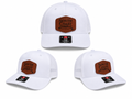 White trucker hat with brown front logo patch and black side label