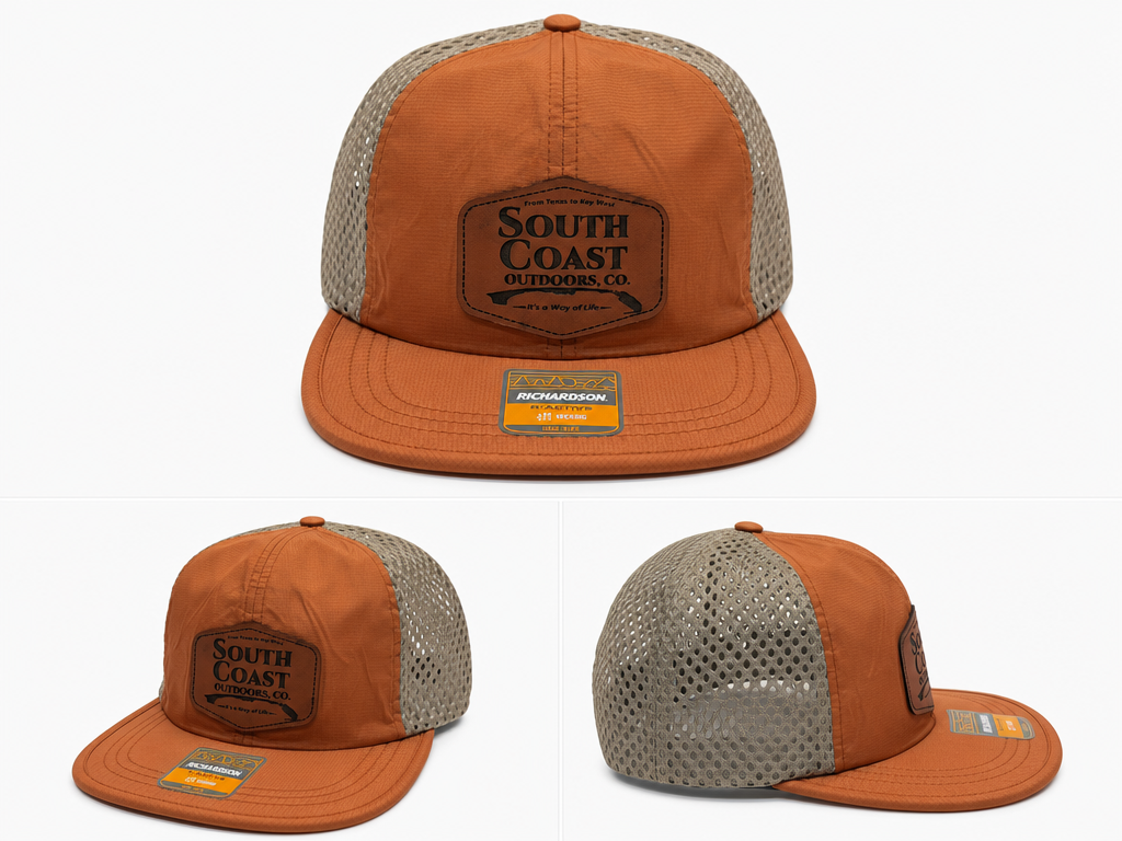 Orange and khaki mesh snapback hat with South Coast patch logo and curved brim
