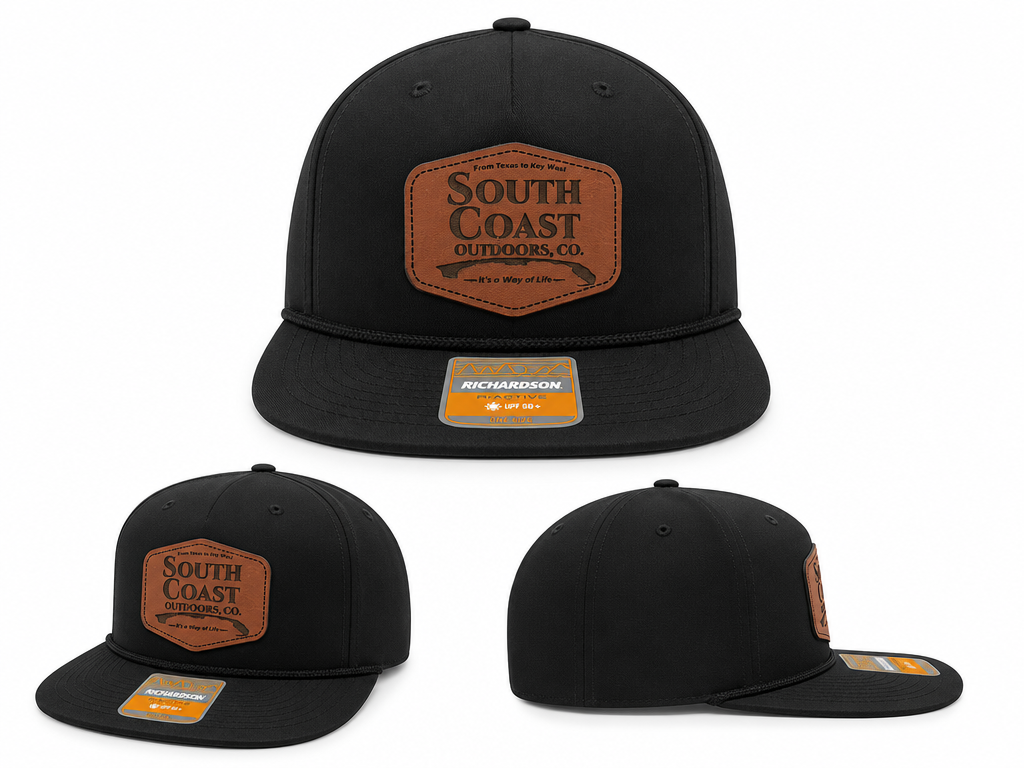 Black Richardson baseball cap with South Coast patch and orange side tag