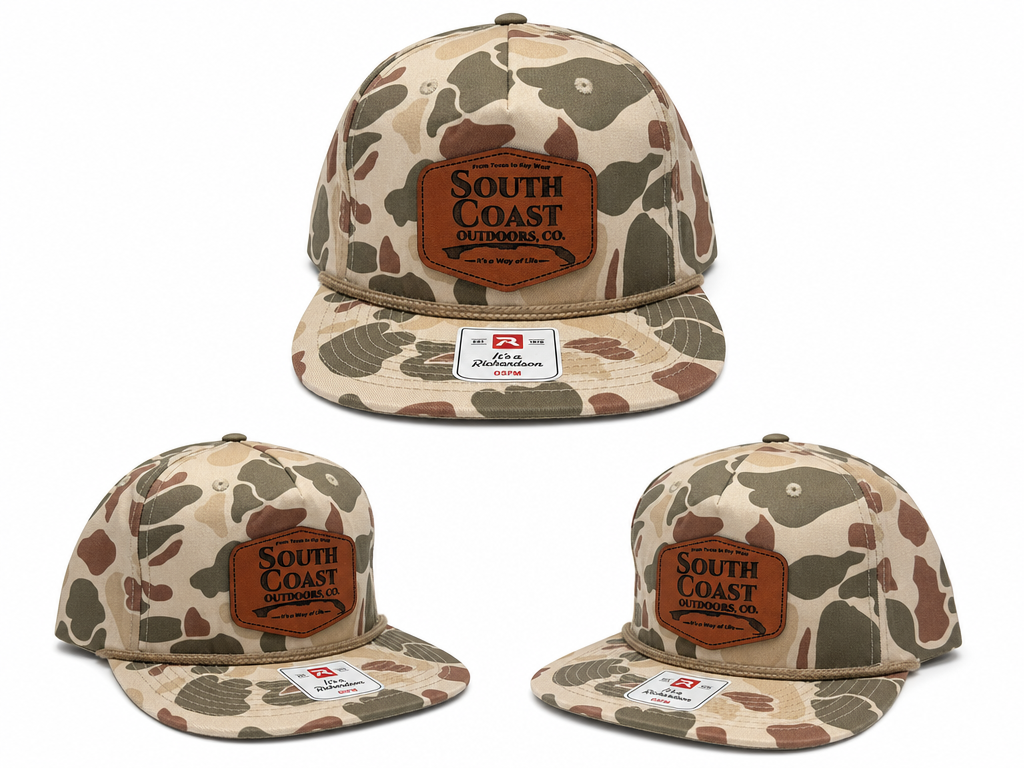 South Coast Outdoors camo baseball cap with leather-style front patch and flat brim