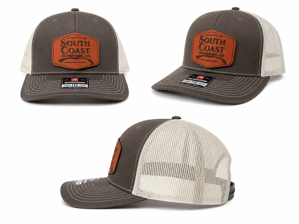 Chocolate-brown trucker hat with white mesh back and South Coast patch logo