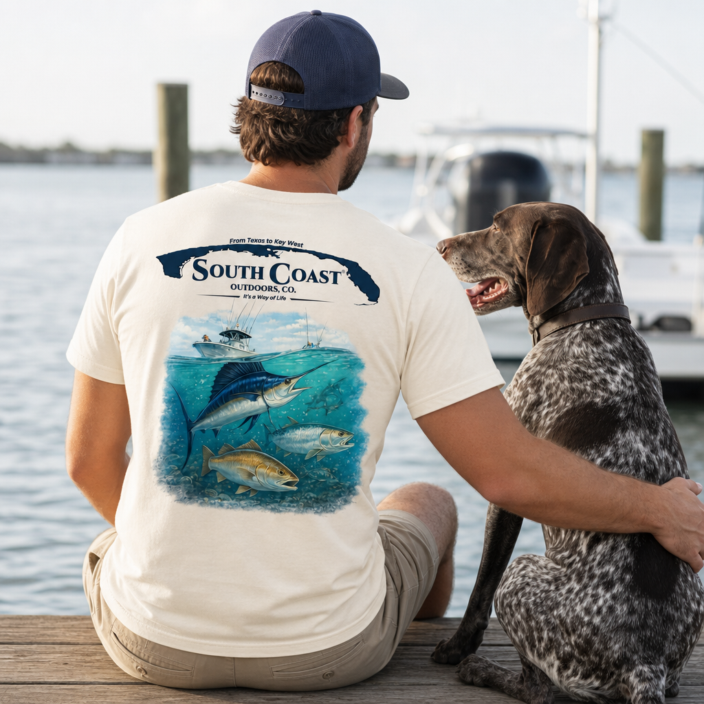 Cream T-shirt with back fish graphic; worn with short sleeves