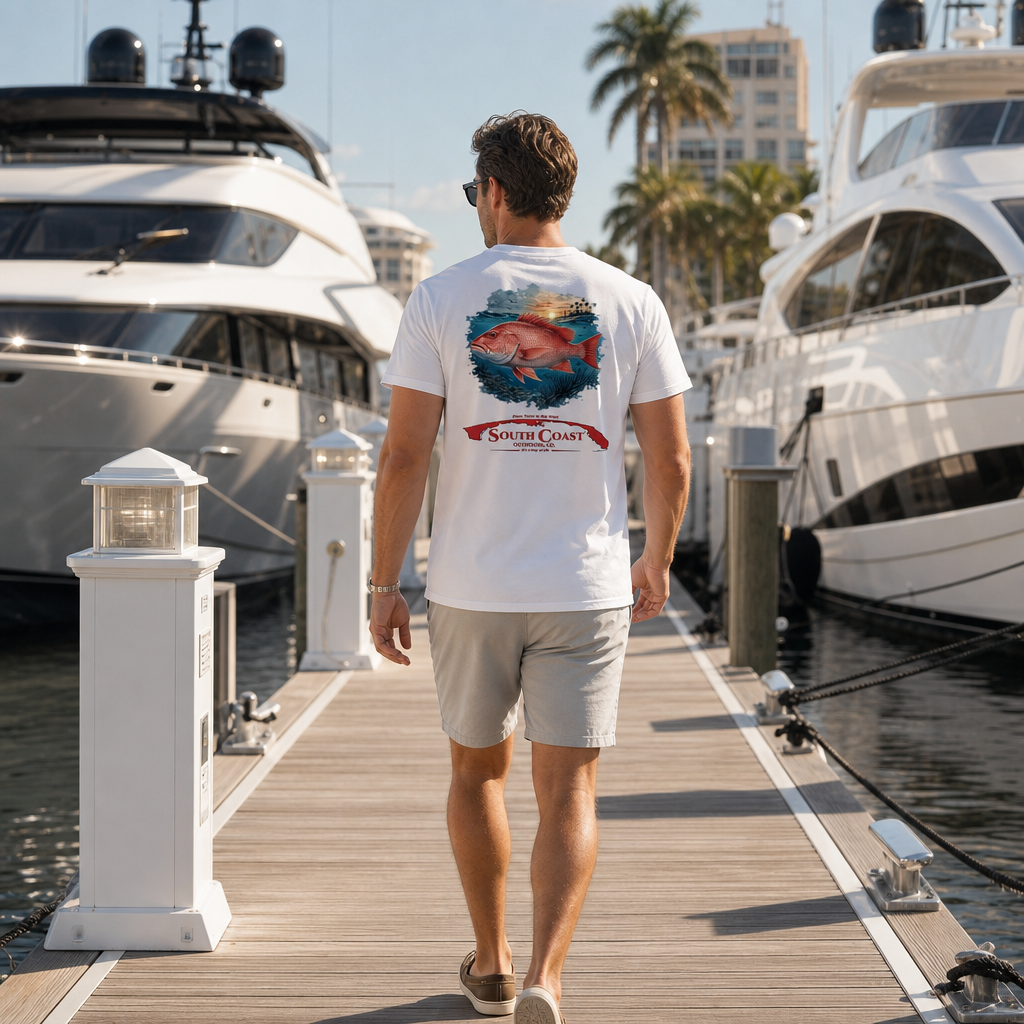 White T-shirt back view on dock, red snapper sunset graphic with South Coast logo