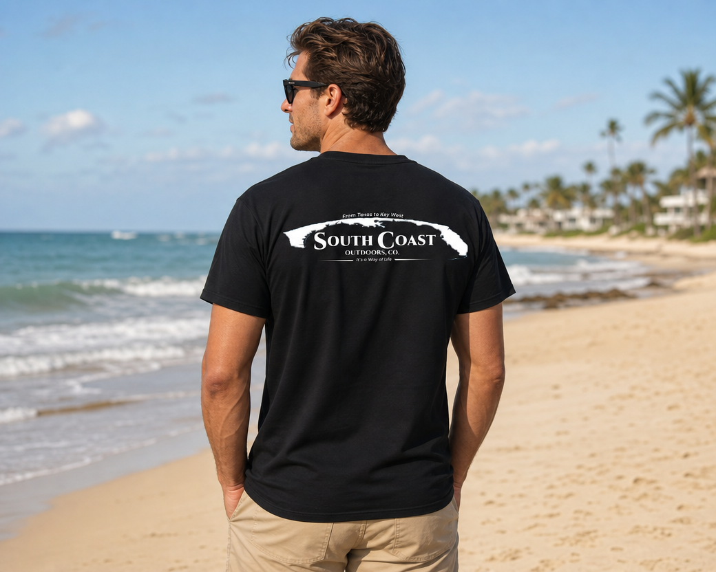 Men's black crew-neck T-shirt with large white back graphic silhouette