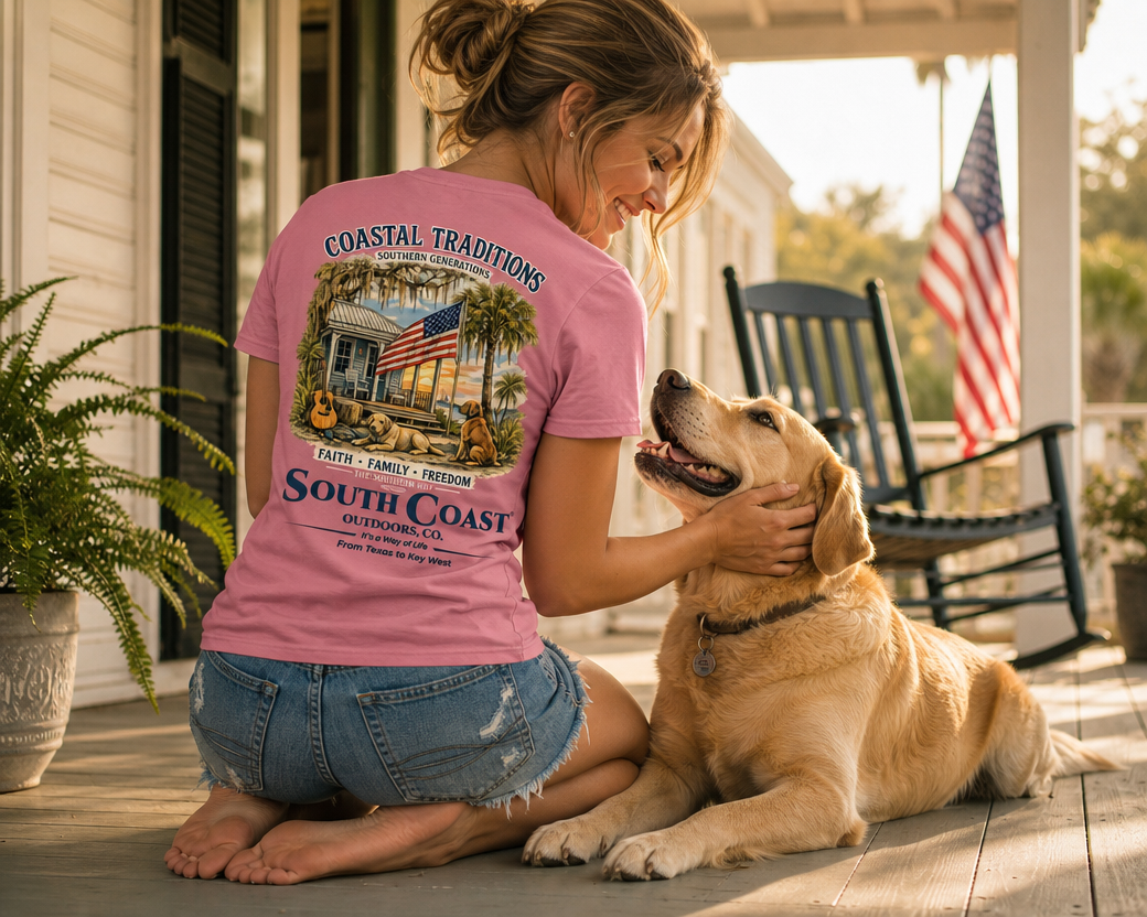 Pink T-shirt with front graphic, worn with denim shorts, beside seated dog