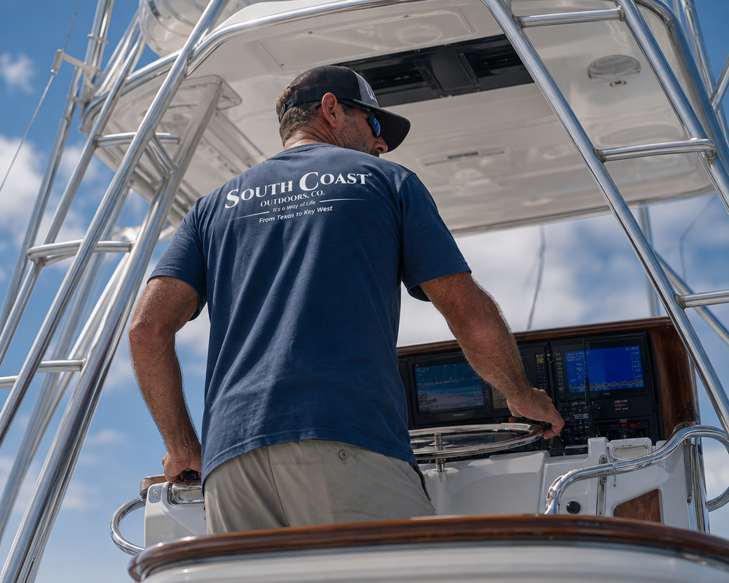 Navy short-sleeve T-shirt with South Coast logo on back, worn on boat