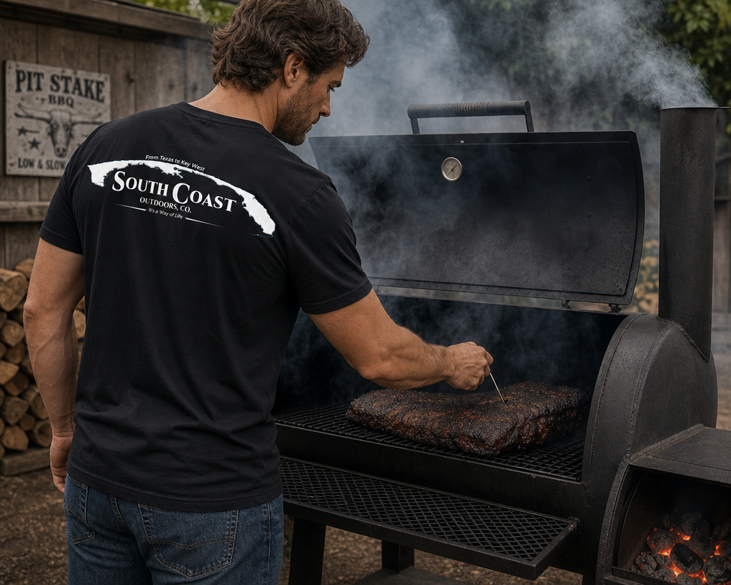 Black T-shirt on man facing left with South Coast logo on back