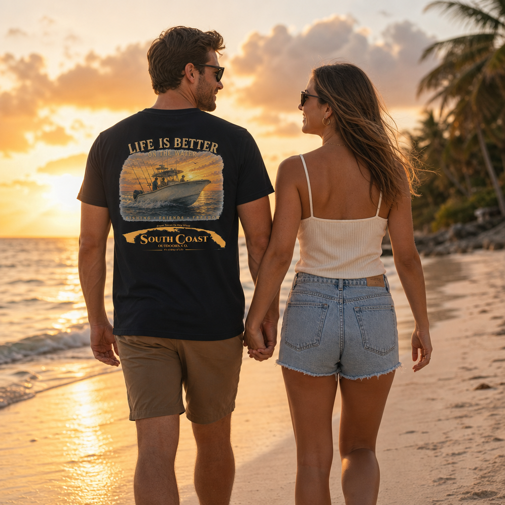 Black graphic T-shirt worn by couple on beach at sunset
