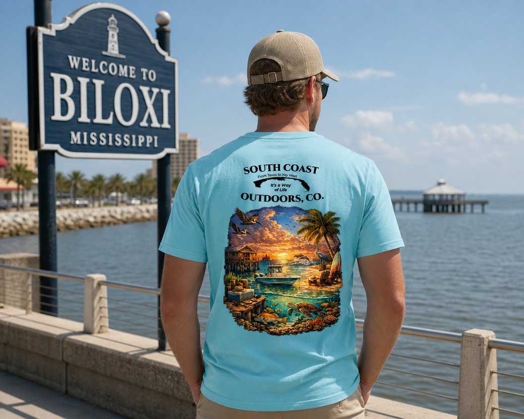 Light blue graphic T-shirt back with sunset beach illustration and South Coast Outdoors text