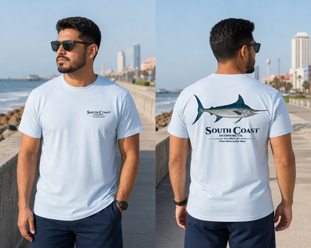 Light blue T-shirt shown front and back angles with marlin graphic