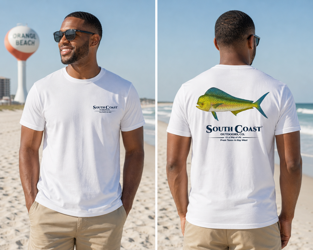 White crewneck T-shirt with front logo and back mahi mahi fish graphic