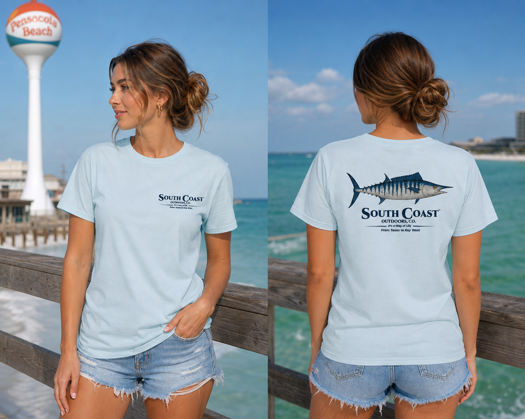 Light blue South Coast T-shirt with front logo and back wahoo graphic