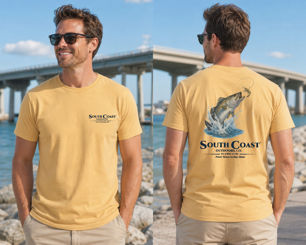 Tan t-shirt shown from front and back with South Coast sea trout splash art.