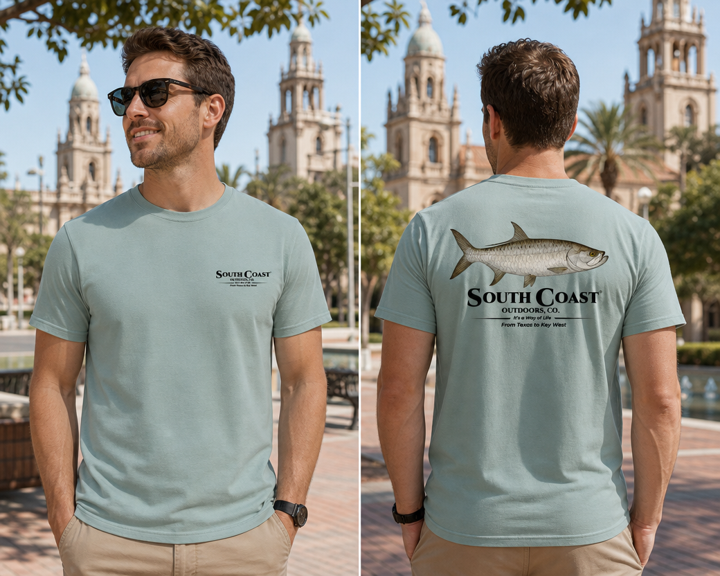 Mint green T-shirt, front small logo and back tarpon fish graphic
