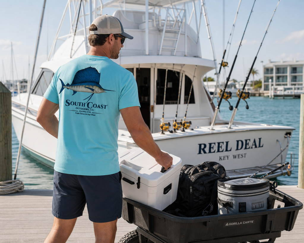 Light teal T-shirt with back sailfish graphic worn outdoors near a boat