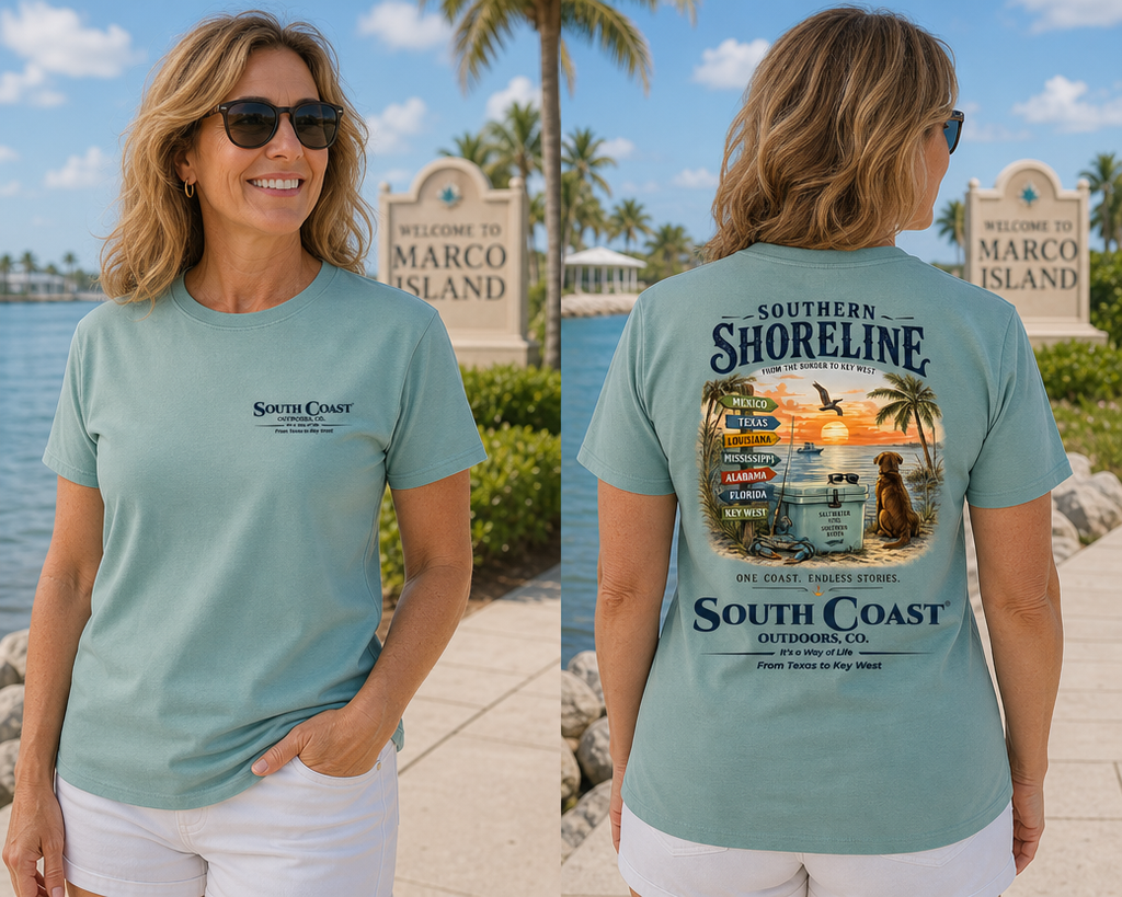Seafoam green Southern Shoreline T-shirt with small chest 'South Coast' logo