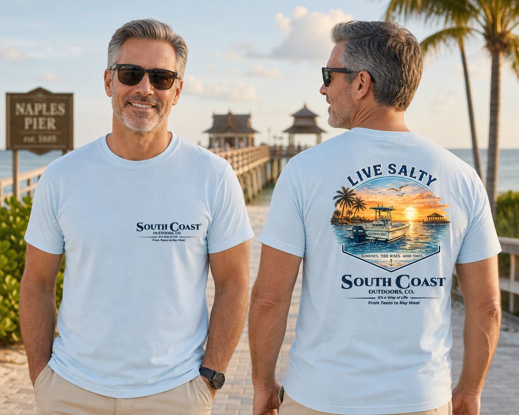 Light blue graphic T-shirt duo, front and back views with boat sunset artwork
