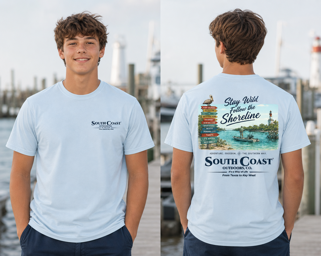 Light blue T-shirt shown front and back with South Coast logo and shoreline graphic