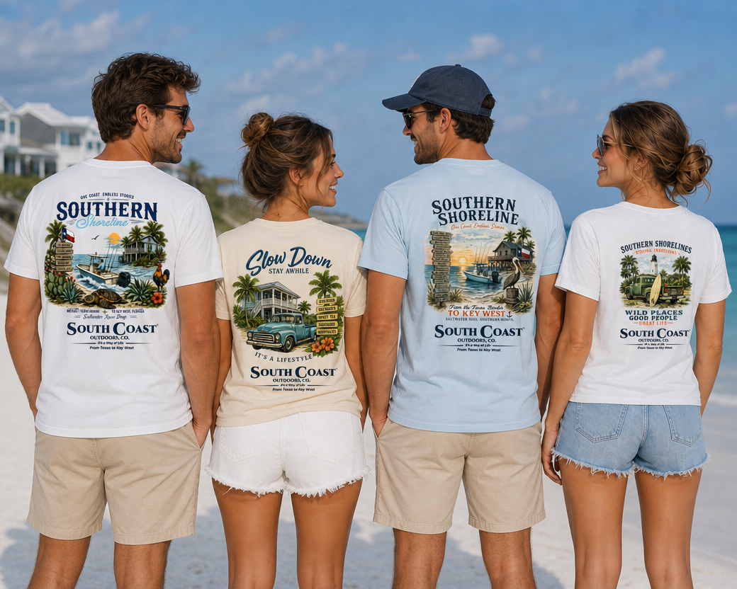 White T-shirts with Southern Shoreline graphic prints worn by people