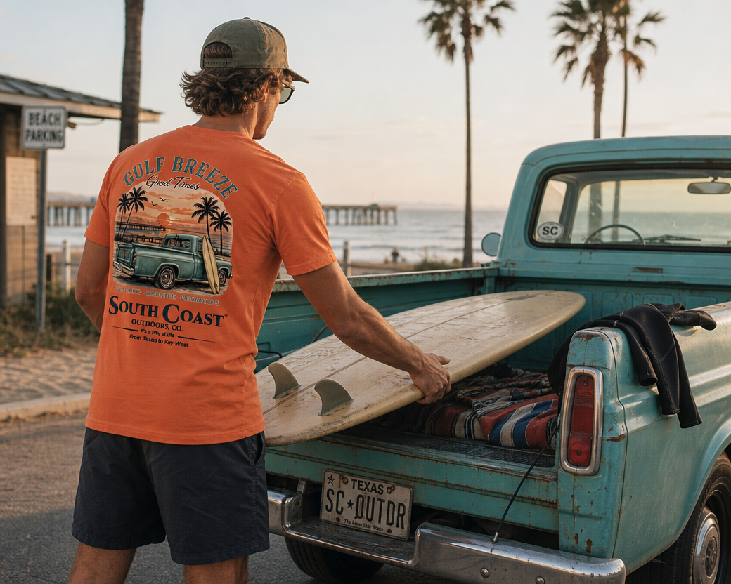 Orange Gulf Breeze T-shirt with back graphic featuring truck and palm trees
