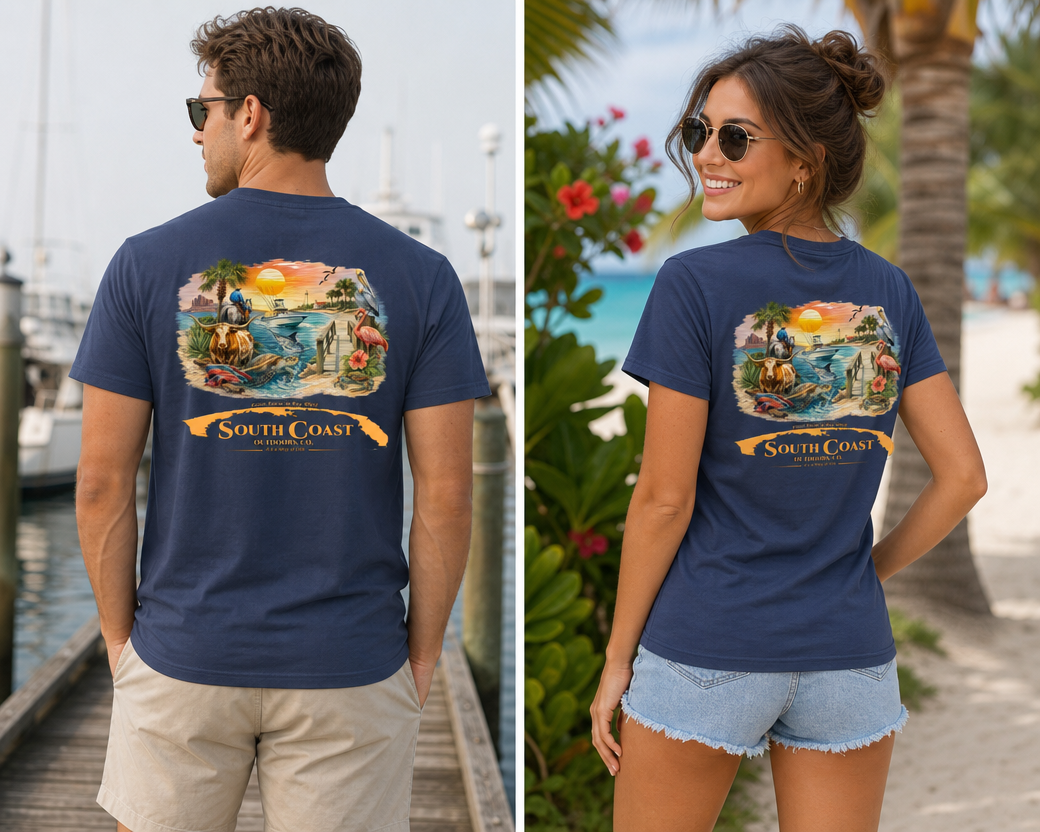 Navy short-sleeve T-shirt shown from back and front with South Coast beach graphic