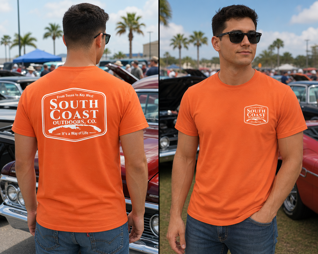 Orange short-sleeve T-shirt with logo badge on chest and back.