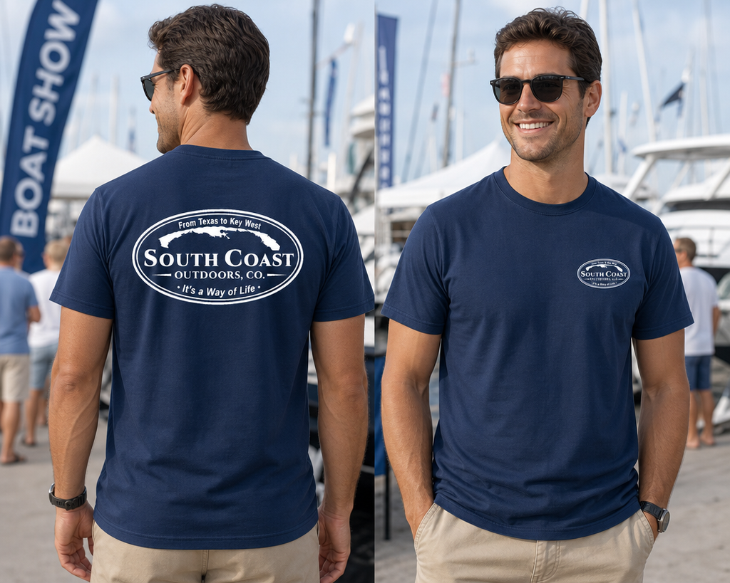 Navy blue T-shirt with oval South Coast Outdoors back and front logos