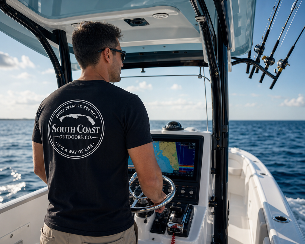 Black crewneck T-shirt with large round South Coast logo on back