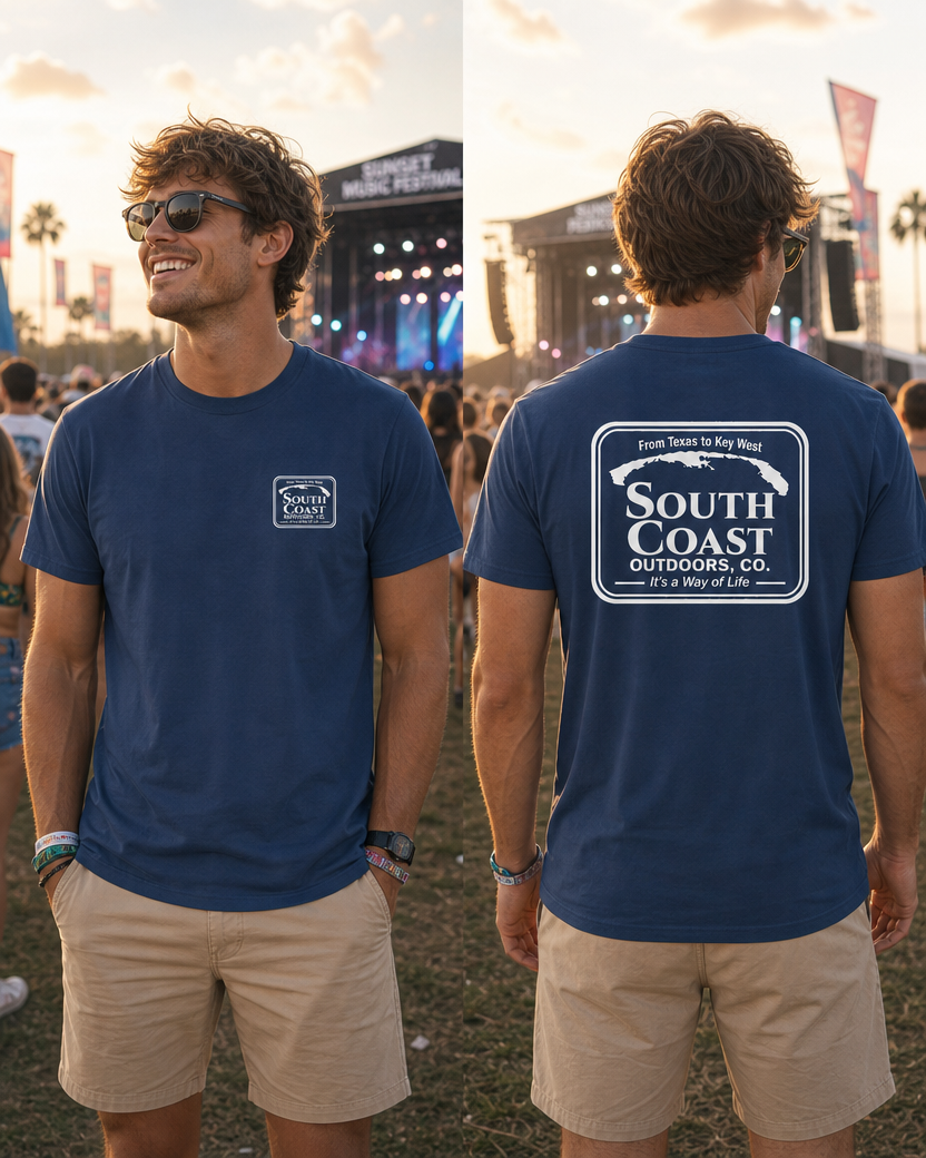 Navy blue crewneck T-shirt with small rectangle logo on chest