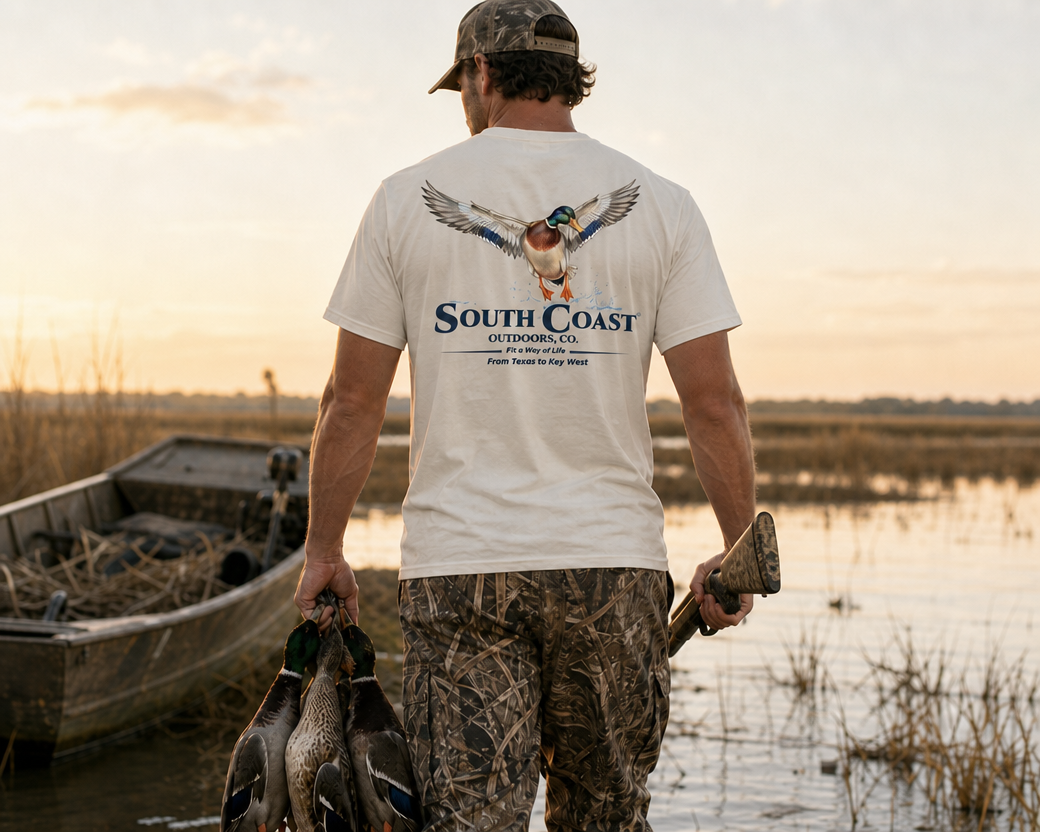 White T-shirt with mallard duck landing print on back