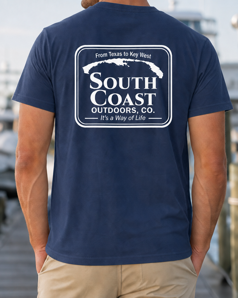 Navy blue T-shirt with rectangular South Coast Outdoors Co. back logo
