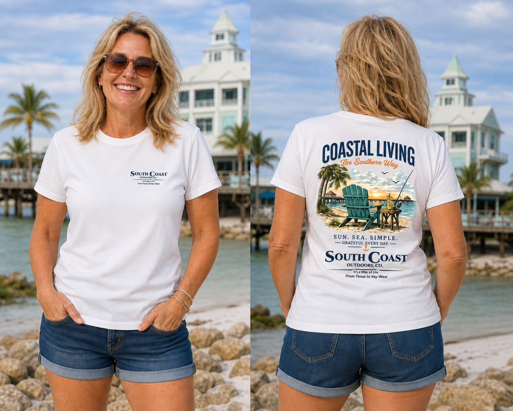 White graphic T-shirt, front logo and beach chair back print with blue lettering