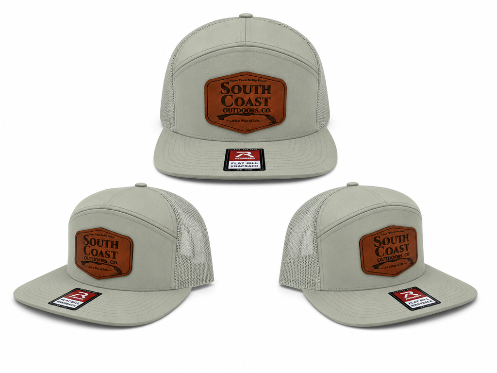 7-panel mesh-back baseball hat in light gray with South Coast patch logo front