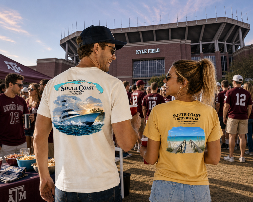 Cream and tan T-shirts with South Coast boat graphic at outdoor event