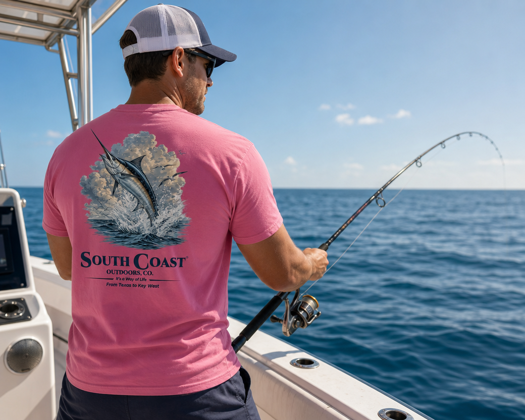 Pink crewneck T-shirt with marlin splash logo on back while fishing
