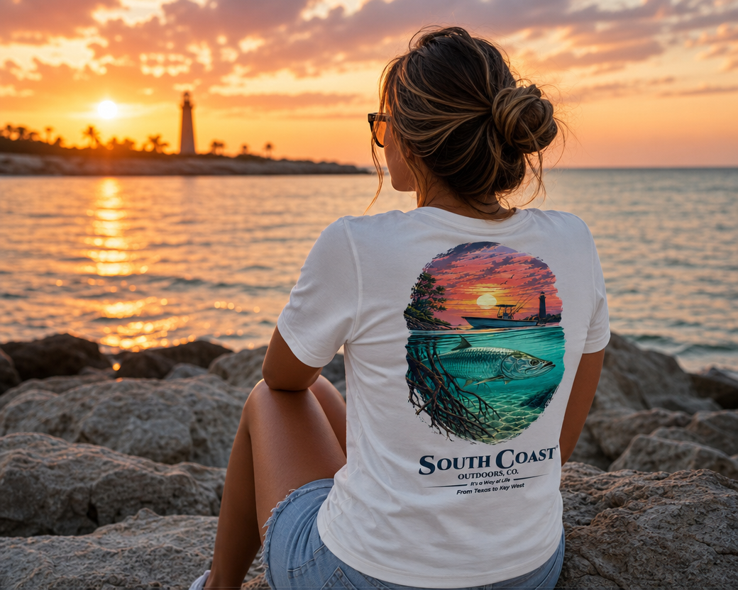 White T-shirt back graphic with turquoise fish, sunset sky, and South Coast logo