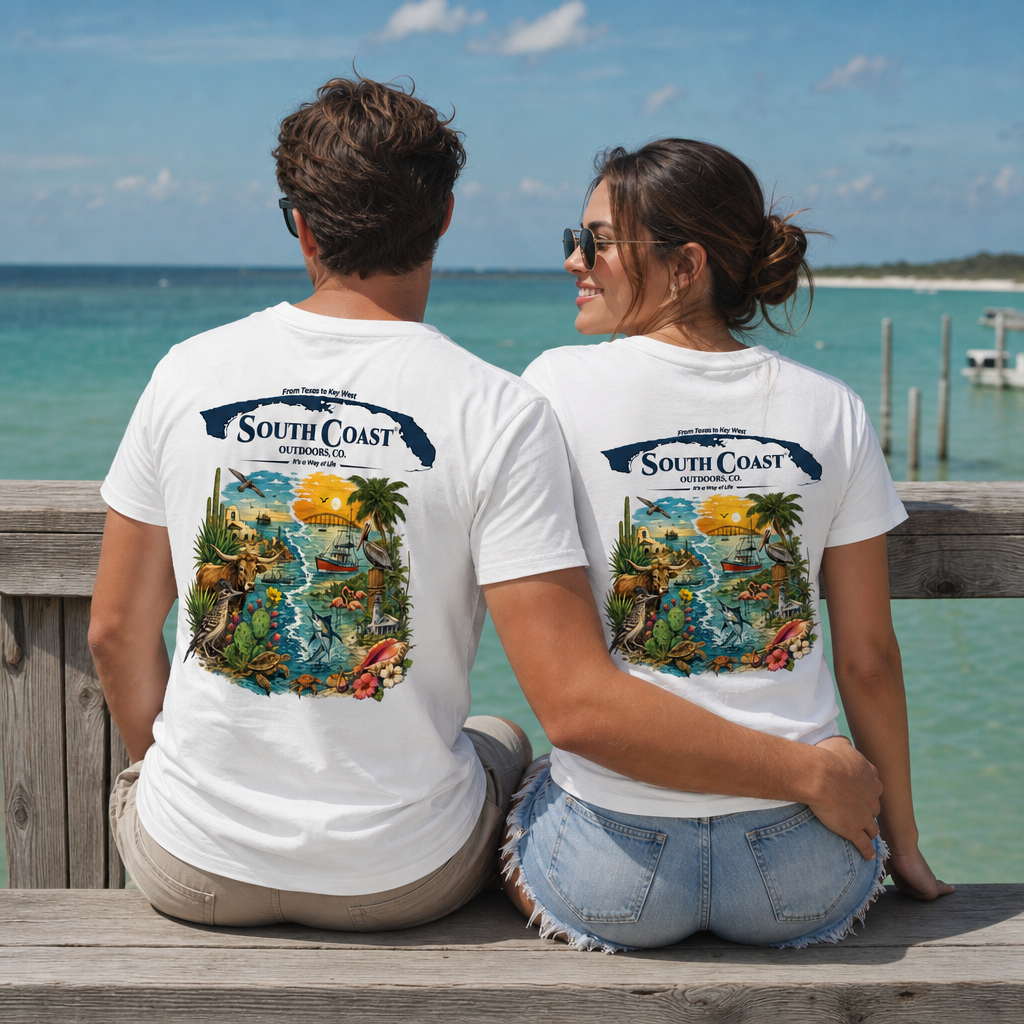 Two white T-shirts with back ocean wildlife graphic; denim shorts