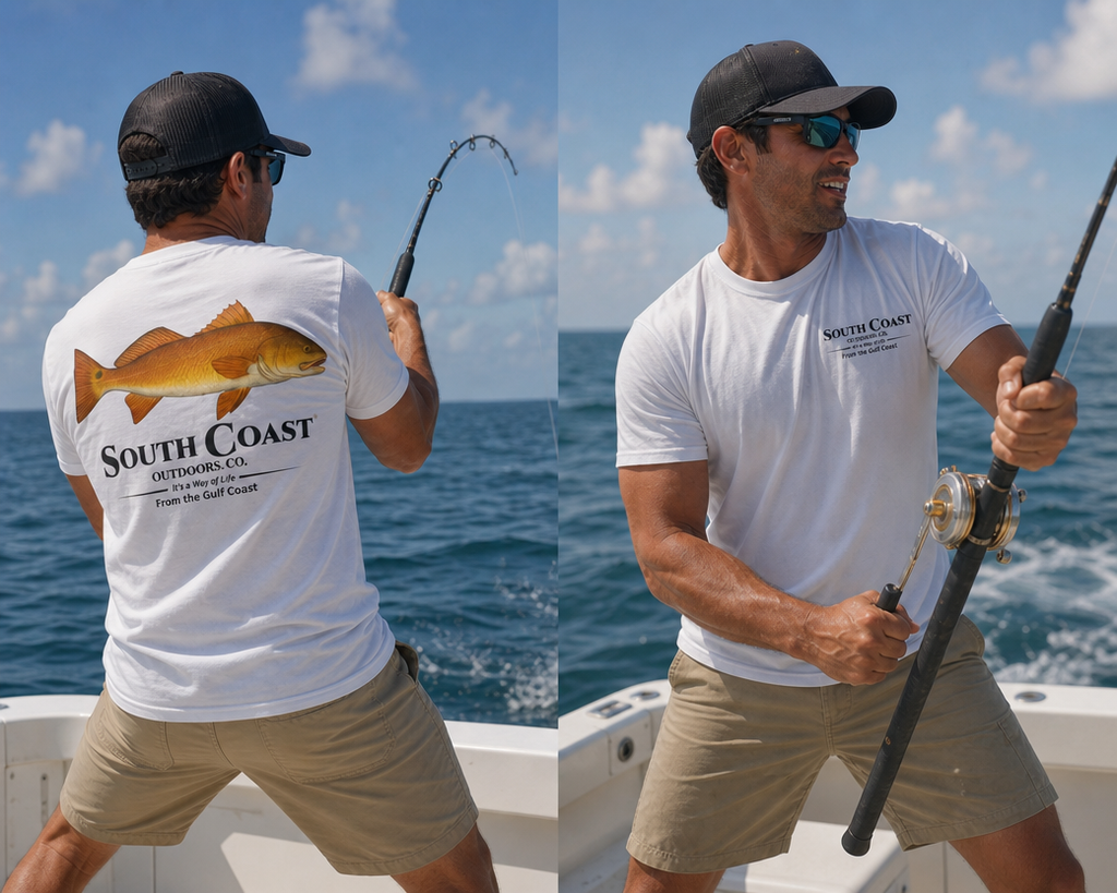 White T-shirt with fish graphic and "South Coast" logo on back