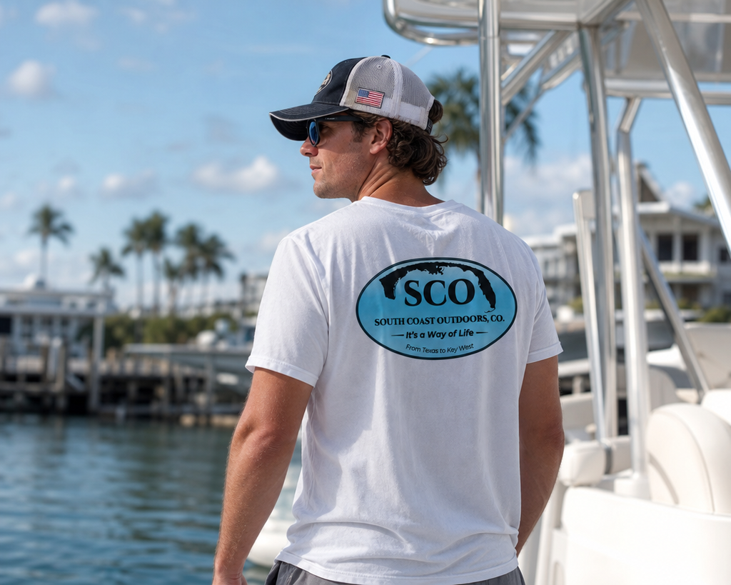 White T-shirt with SCO oval logo print on the back, side view