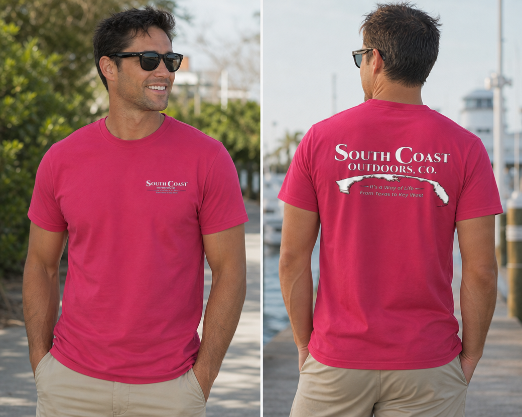 Men's deep pink crewneck T-shirt, shown front and back with South Coast Outdoors graphics.