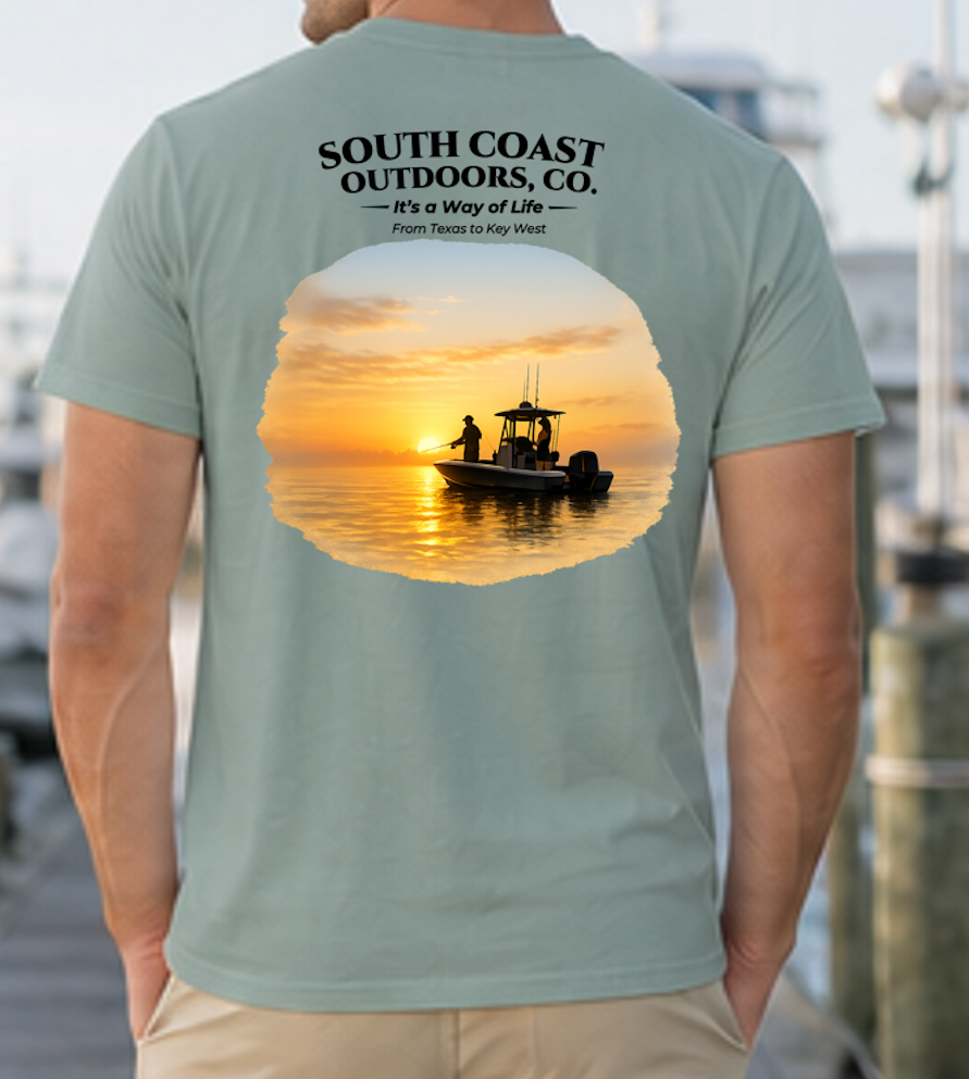 Men's sage green fishing T-shirt, back graphic of sunset boat silhouette