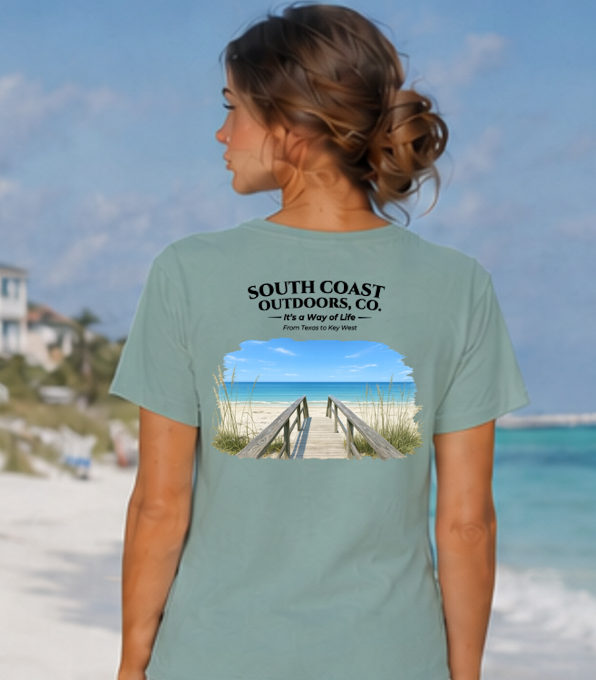 Women’s seafoam green graphic t-shirt with back text and beach pier artwork