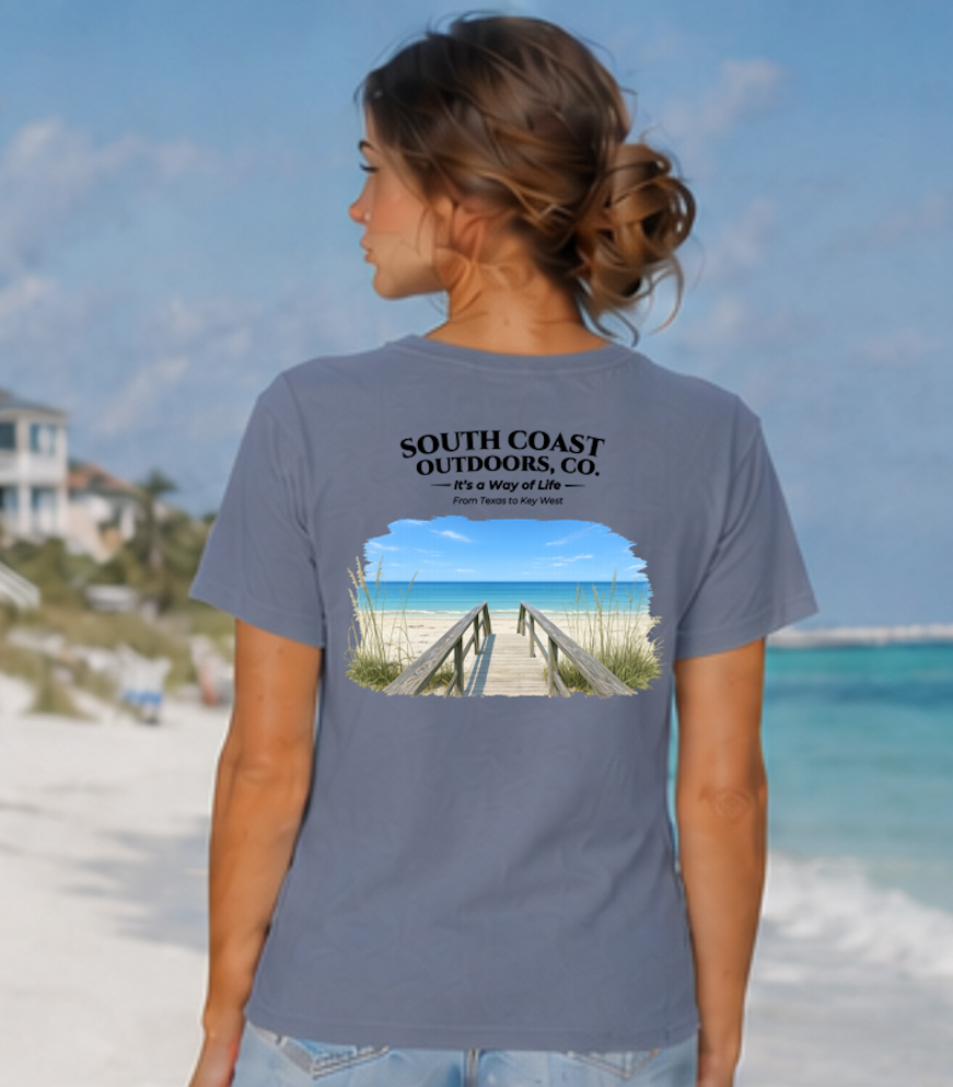 Women’s blue graphic t-shirt with back text and beach pier scene print
