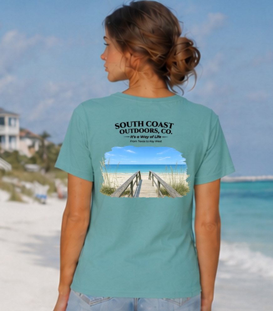 Teal back graphic t-shirt: South Coast Outdoors, Co. beach boardwalk print