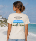 Women’s ivory graphic t-shirt with back logo text and beach pier scene print