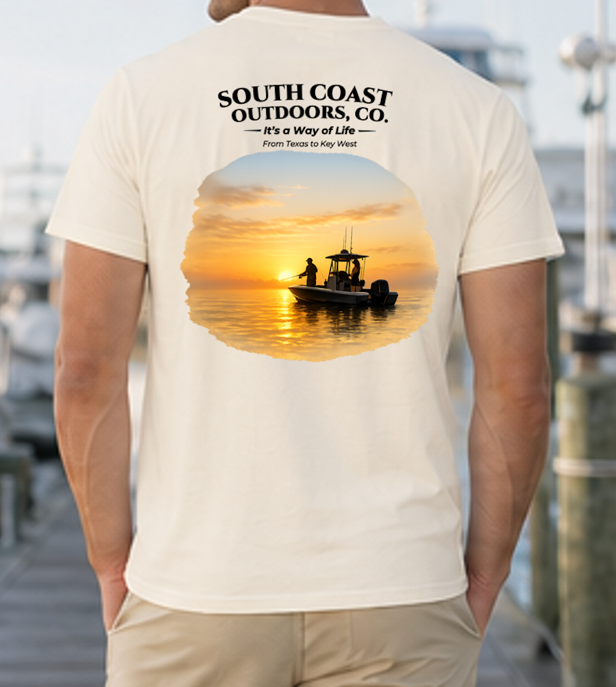 Men's ivory fishing T-shirt, back graphic of sunset boat on water