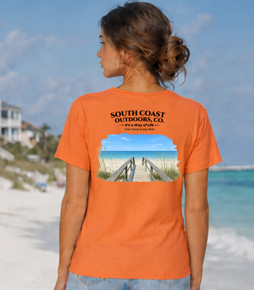 Women’s orange graphic t-shirt with back logo text and beach pier scene print