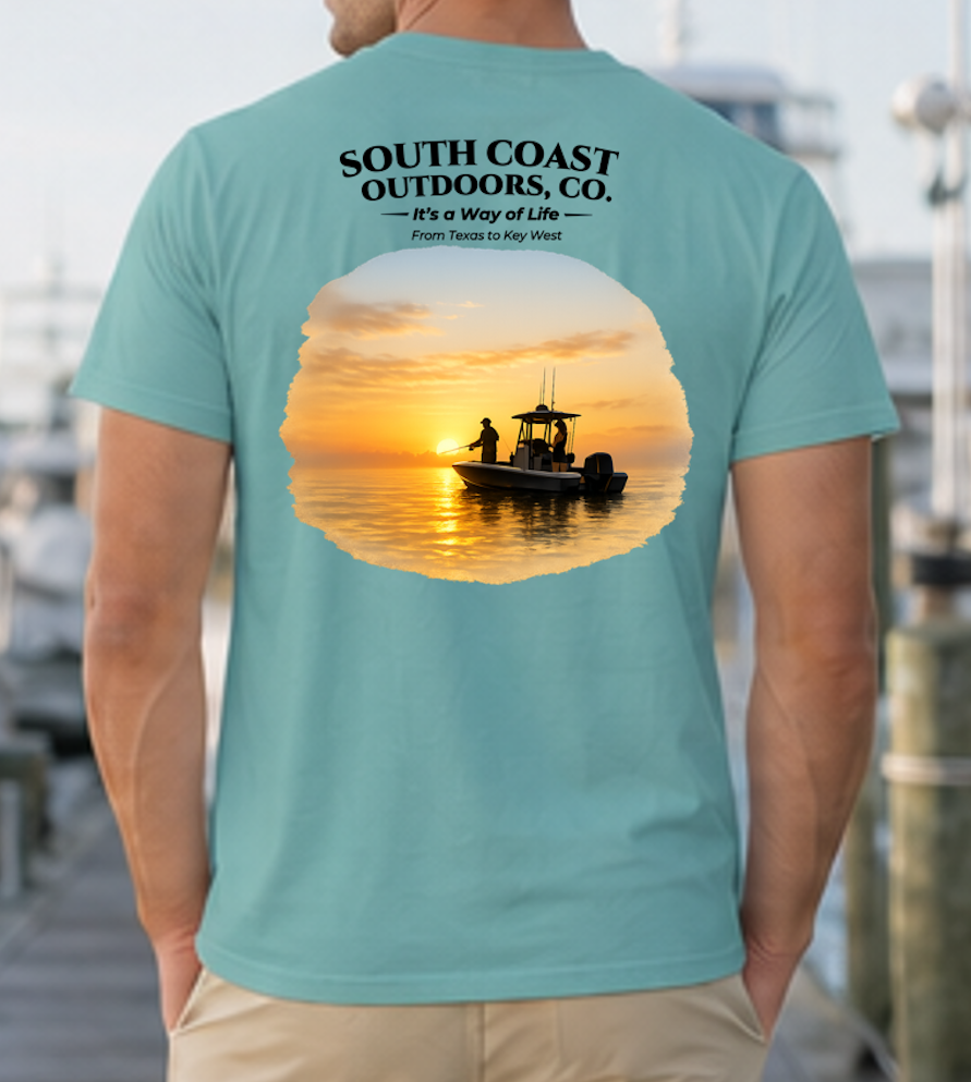 Men's teal fishing T-shirt, back graphic of sunset boat on calm water