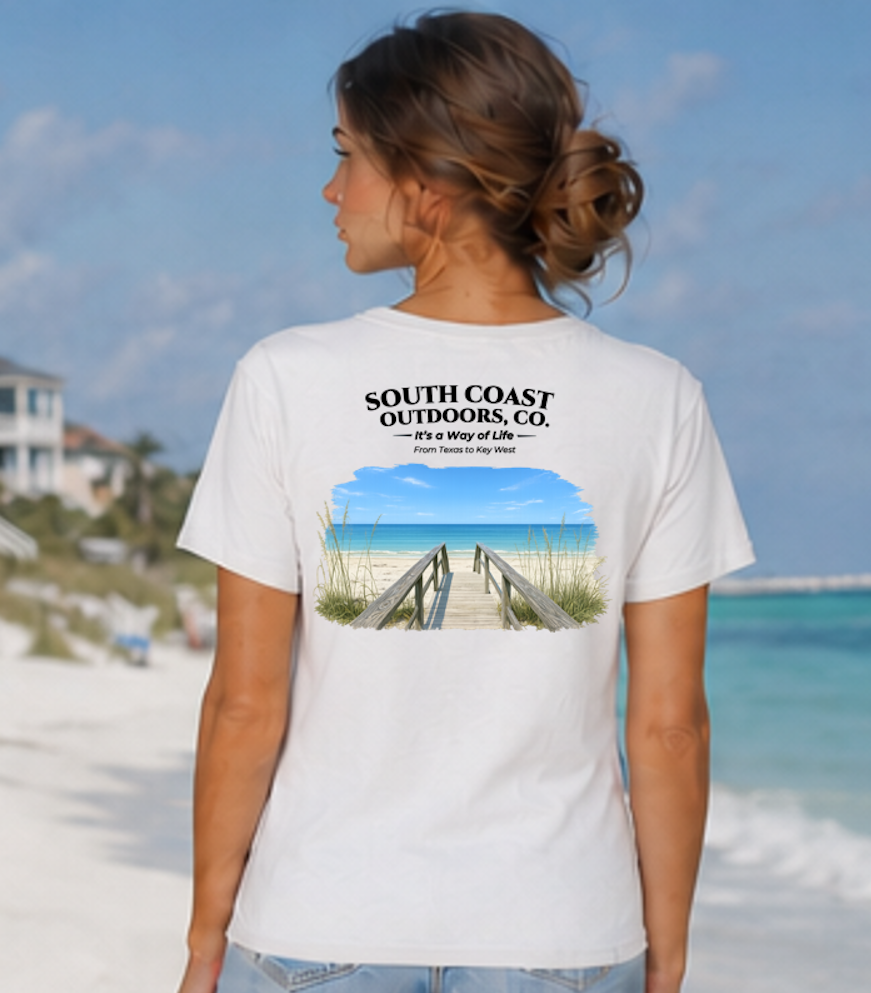 White back graphic t-shirt: South Coast Outdoors, Co. beach boardwalk print