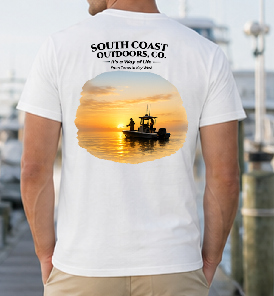 Men's white fishing T-shirt, back graphic of sunset boat on water